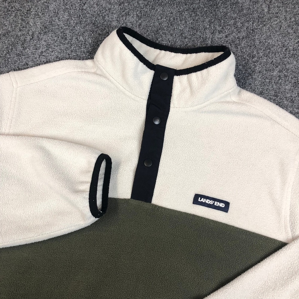 Lands End Mens Size Large Fleece Pullover Colorblock Snap Mock Neck Cream Green